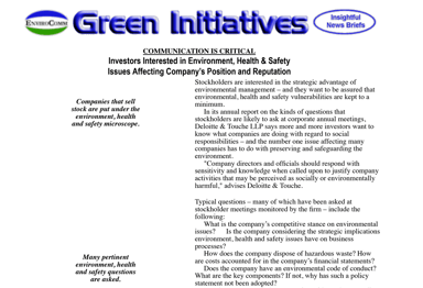 EnviroComm News Brief: “Investors Interested in Environment, Health & Safety Issues Affecting Company’s Position and Reputation”