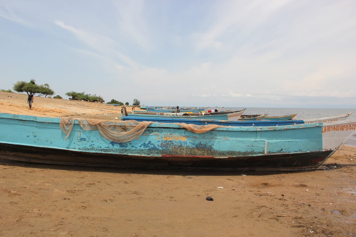 Boats on Lake Albert, a lake believed to be at risk due to oil exploration and transportation in Uganda. 