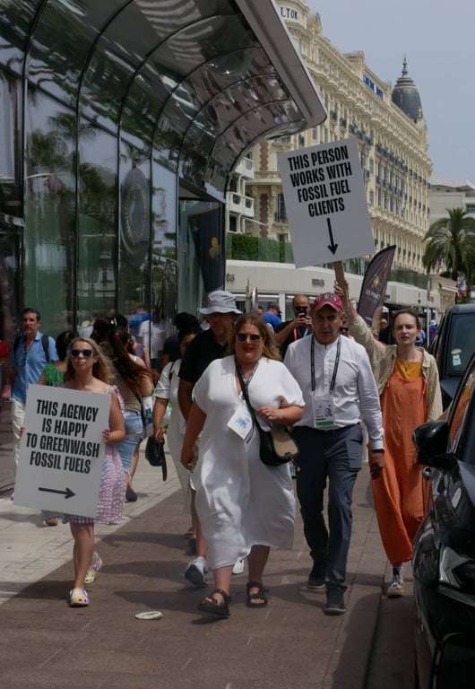 Clean Creatives' activists Tolmeia Gregory (right) and Francesca Willow (left) live-trolled Richard Edelman as he attended the Cannes Lion awards this week. 