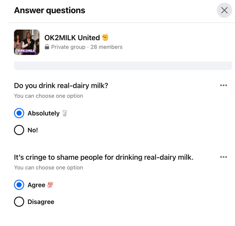 The survey users must answer before being allowed into the private OK2Milk Facebook group.