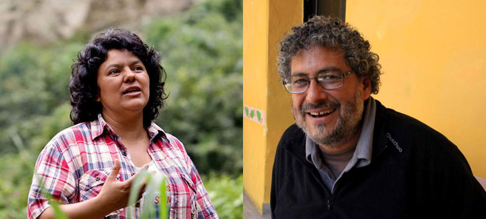 Berta Cáceres and Gustavo Castro. (Photo of Cáceres, courtesy Goldman Environmental Prize; photo of Castro by @mezcalit via Wikimedia Commons).