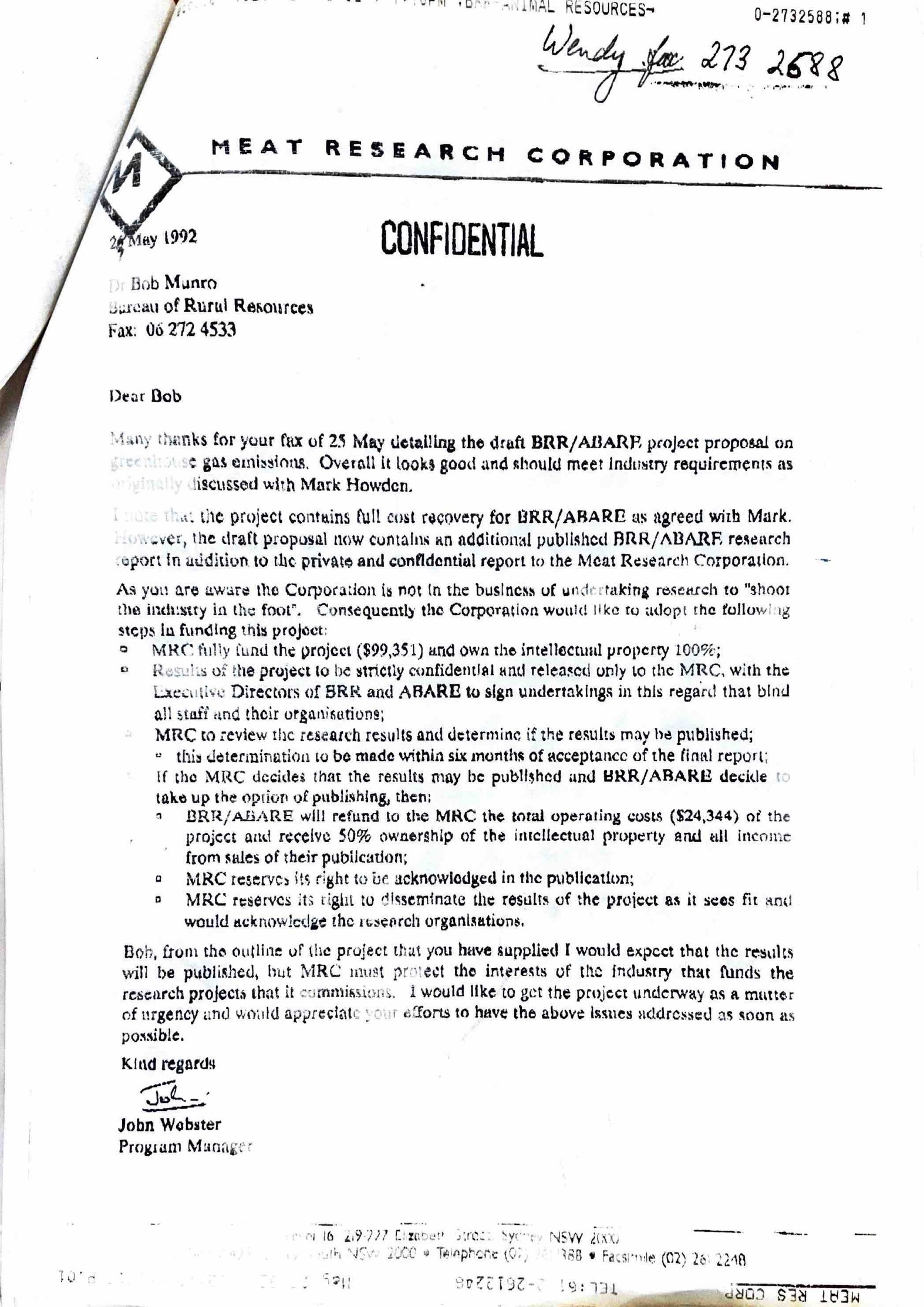 Copy of a faxed letter sent to the Bureau of Rural Resources and found in ABARE files, dated 26 May 1992 from John Webster retrieved from the National Archives of Australia.
