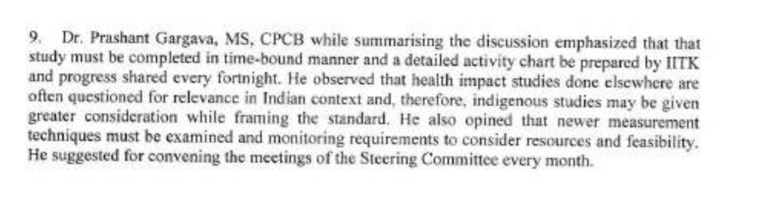 Screen grab from minutes of meetings held for NAAQS revision obtained under Right to Information Act