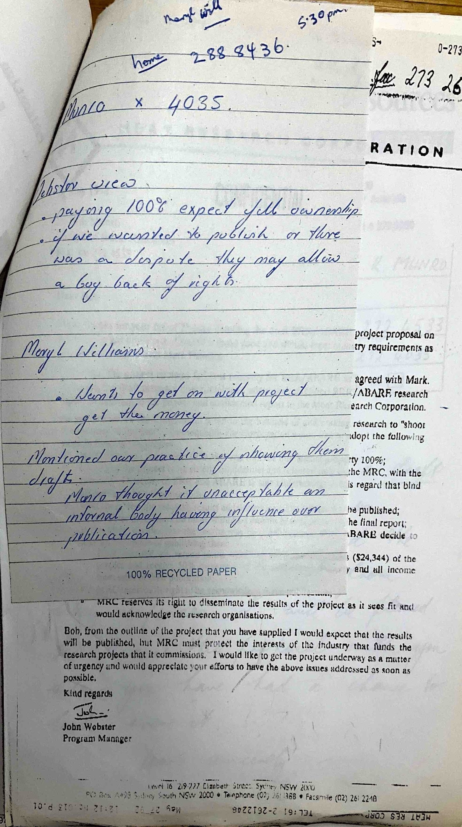 Copy of undated, handwritten note mentioning ABARE’s practice of sharing drafts retrieved from ABARE files in the National Archives of Australia.