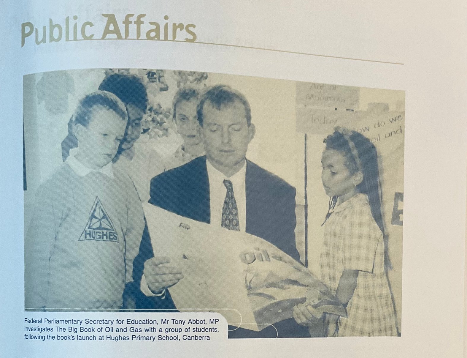 An image of future Australia prime minister Tony Abbott at the launch of “The Big Book of Oil and Gas” produced by the oil industry at a Canberra High School in May/June 1997.