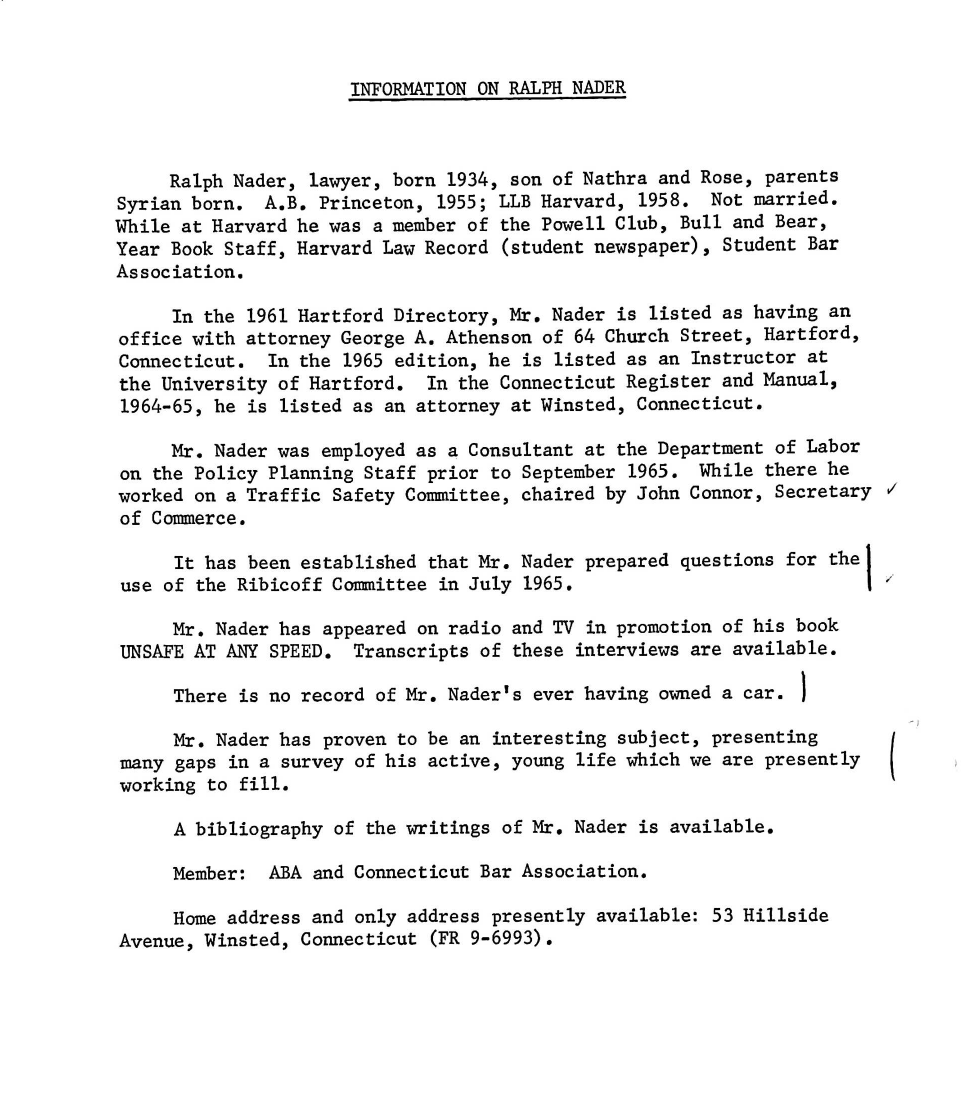 Early report on Nader, prepared by Newsom’s team for General Motors