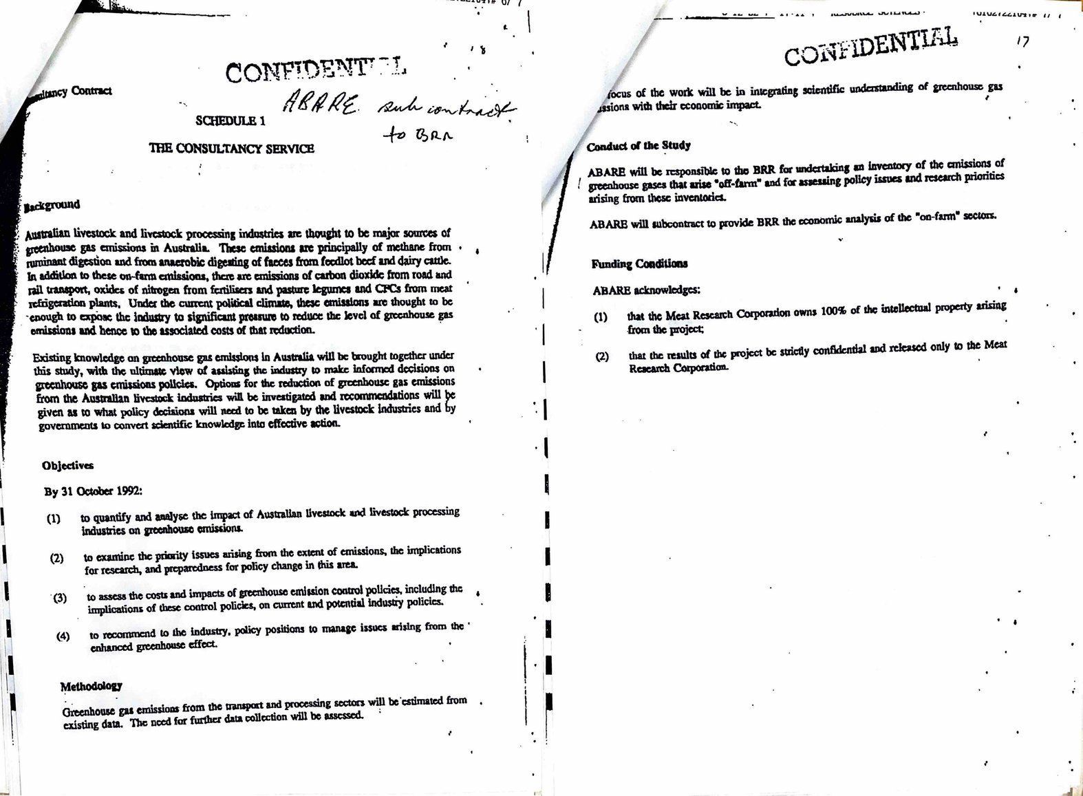 Schedule 1 of ABARE’s contract with MRC outlining the conditions of the arrangement that the agency checked before republishing, as found in the National Archives of Australia.