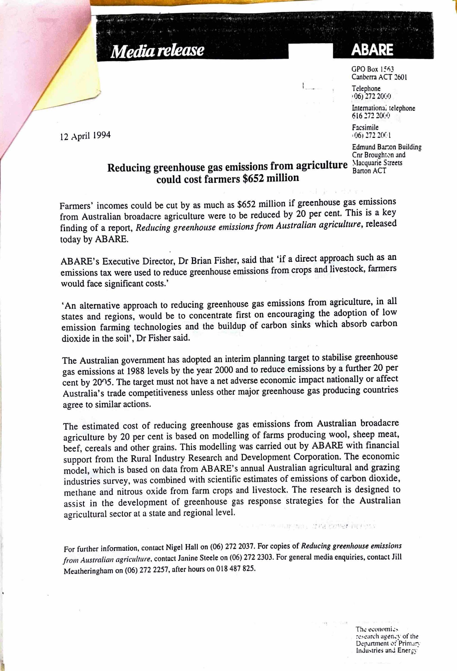 Copy of ABARE press release dated 12 April 1994 obtained from the National Archives of Australia.
