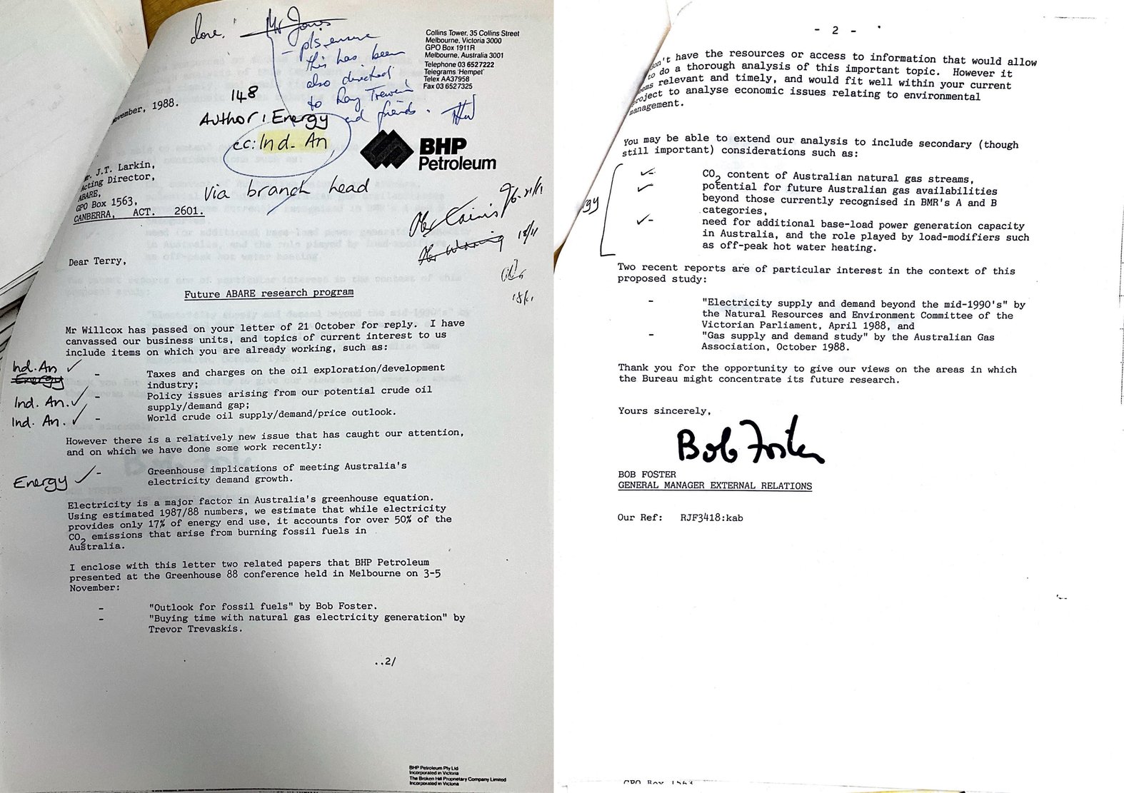 A copy of the letter sent by Bob Foster to ABARE in November 1988 retrieved from the National Archives of Australia.