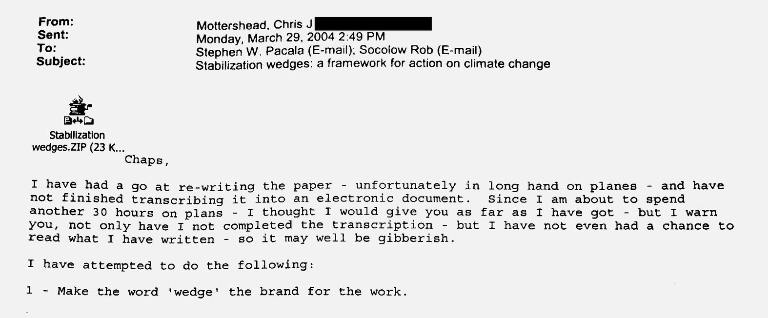 A March 2004 email from Mottershead to Pacala and Socolow says he has rewritten a draft of their paper. Courtesy of Science History Institute, obtained by Maddie Stone.