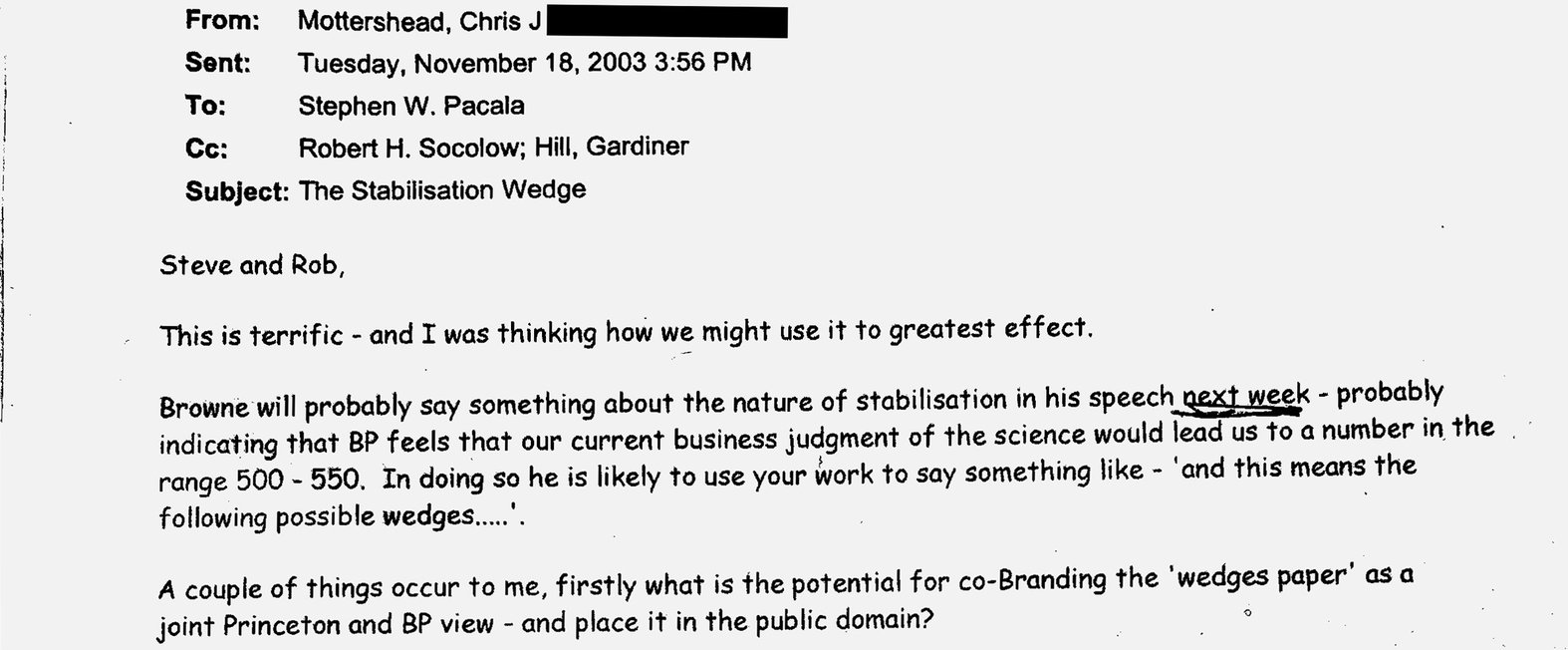 A November 2003 email from BP climate adviser Chris Mottershead to Pacala and Socolow proposes that BP and Princeton co-brand the research BP sponsored. Courtesy of Science History Institute, obtained by Maddie Stone.