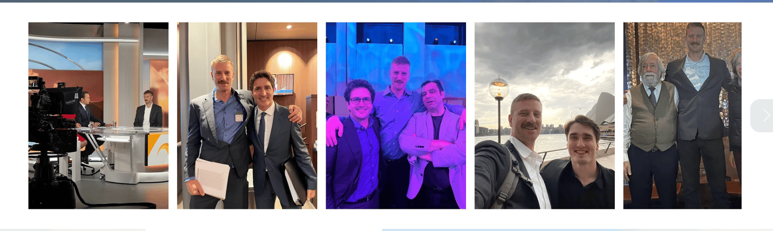 Keefer appearing on the news and posing with his podcast guests. Photo from his website.