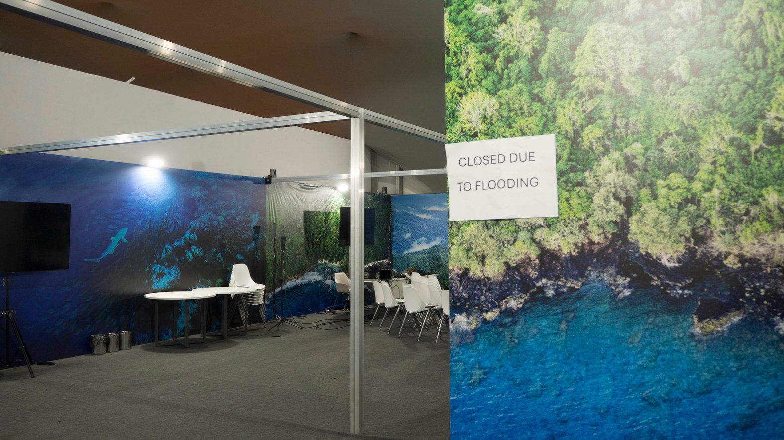 Flooding in the Pacific Pavilion during COP30. Photo by Royce Kurmelovs.