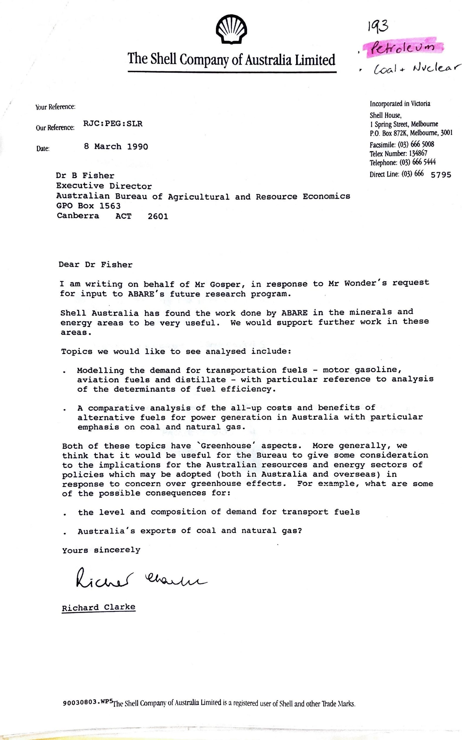 Copy of letter sent by Shell’s Richard Clarke to ABARE dated 8 March 1990 retrieved from the National Archives of Australia.